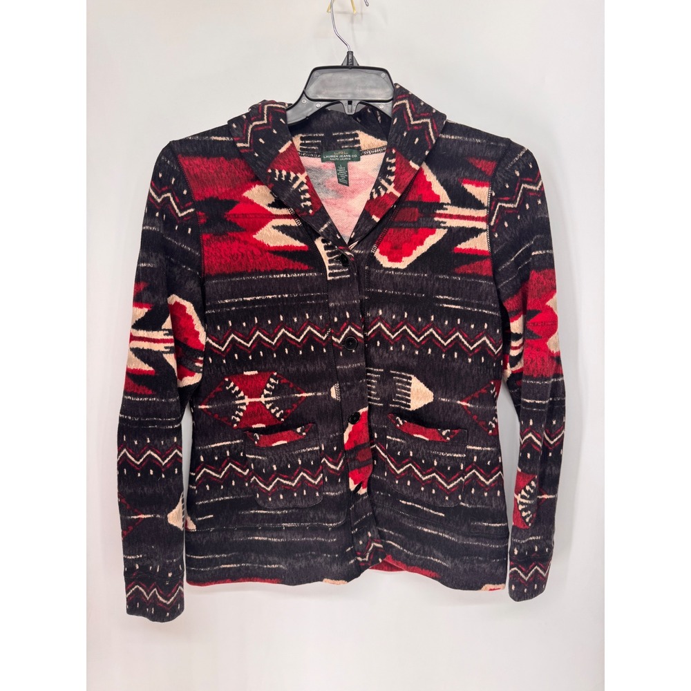 Lauren Ralph Lauren Jacket Womens L Black Red EUC Southwestern Fleece Button